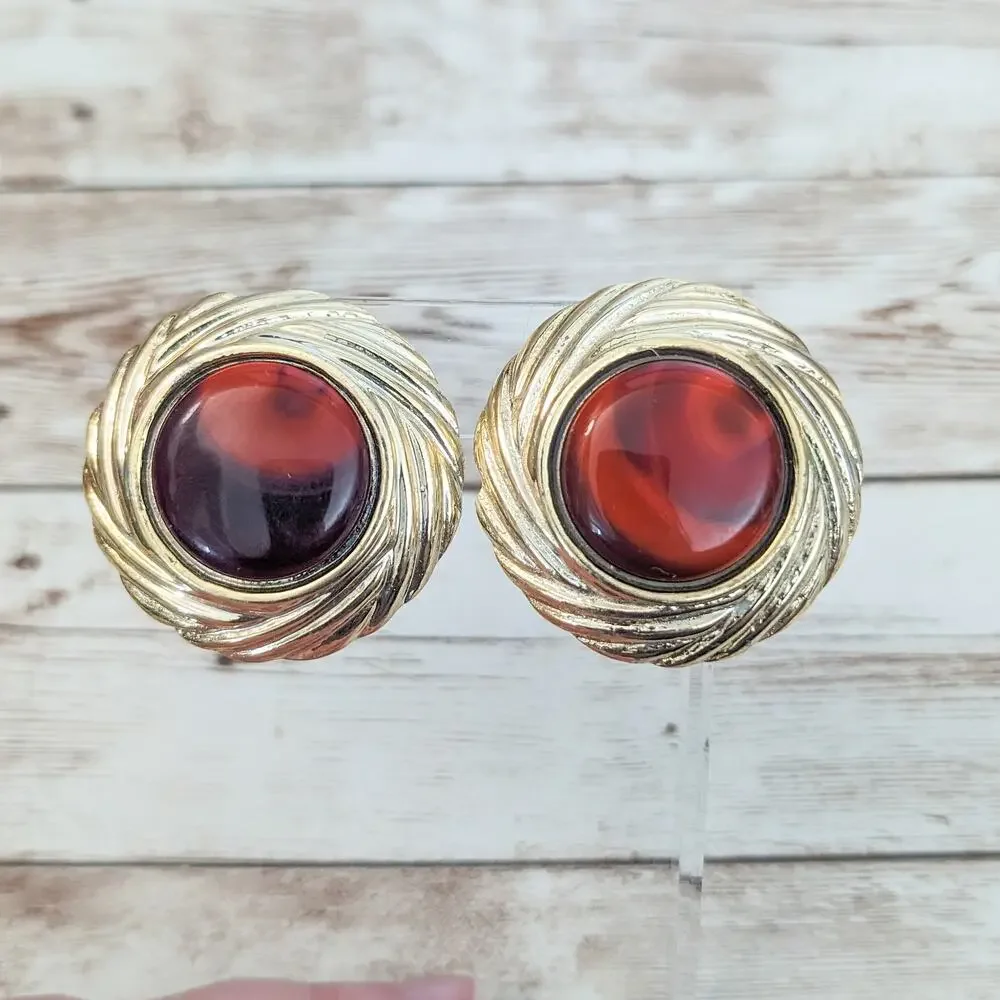 Vintage Clip On Earrings - Large Statement Redish with Gold Tone Halo